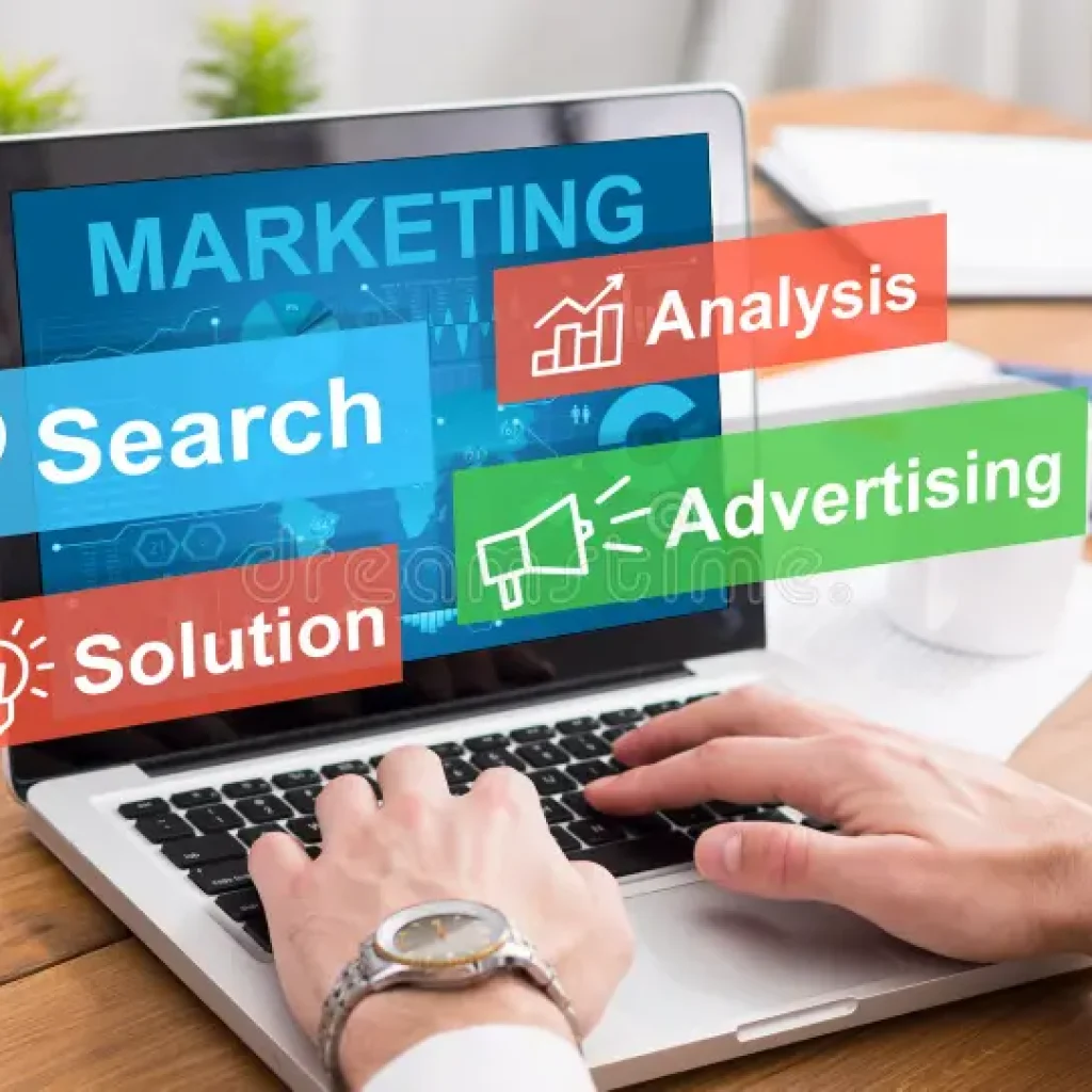 gigital marketing conceptual image businessman working laptop office creative collage gigital marketing conceptual 196858202.webp